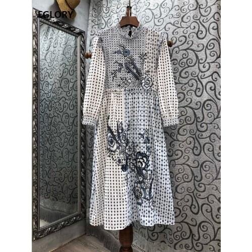 100%Cotton Dress 2020 Autumn Fashion Style Women Stand Neck Polka Dot Print Ruffle Patchwork Long Sleeve Mid-Calf Length Dress