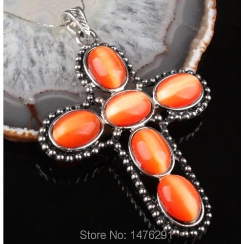 1 PCS 55X70MM Charm Alloy Man-made Cats Eye Beads Cross Pendant 2.9"L