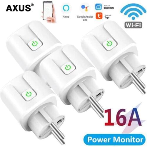 AXUS Tuya WiFi Smart Plug Adapter Wireless Remote Voice Control Power Monitor Timer Socket for Google Home Alexa 16A AC100-220V