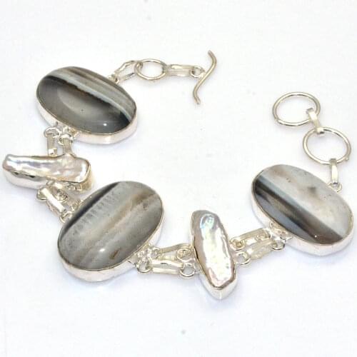 Genuine Botswana Agate + Biwa Pearl Silver Copper Bracelet , Women Jewelry gift, 19.5 cm, B4143
