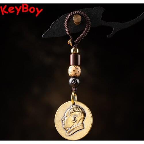 Chinese Great Chairman Mao Head Sculpture Round Tag Car Keychain Pendants Brass Handmade Woven Lanyard Rope Motorcycle Hangings