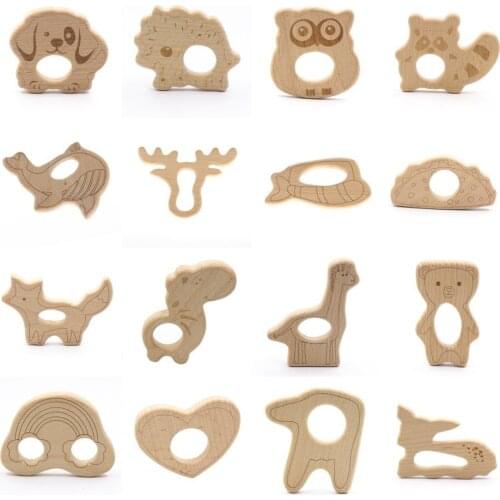 DIY Whale Natural Wood Necklace Pendant Food Grade Hedgehog Rainbow Wooden Teether Infant Nursing Shower Gift Baby Teething Toys