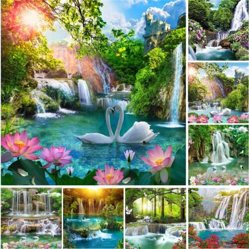 HUACAN DIY Diamond Painting Waterfall Mosaic Landscape 5D Diamond Embroidery Swan Tree Wall Art Rhinestones Pictures