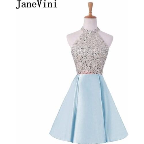 JaneVini Light Sky Blue Jewel Neck Beaded Bridesmaid Dresses Short Keyhole Back A Line Homecoming Dress Satin Lebanon Party Gown