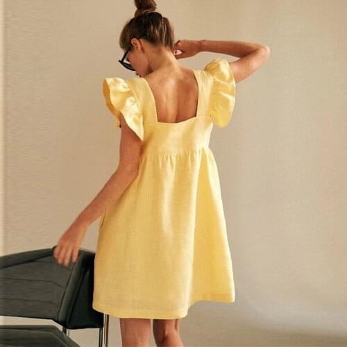 Jastie Square Collar Ruffle Sleeve Mini Sweet Dress Woman Backless High Waist Loose Linen Solid Dress 2021 Summer Boho Dresses