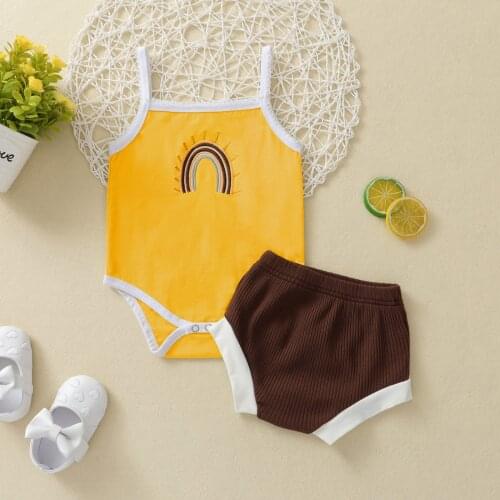 Newborn Baby Girl Clothes Set, Rainbow Embroidery Sleeveless Sling Romper + Solid Color Short Pants 2Pcs Summer 0-24M