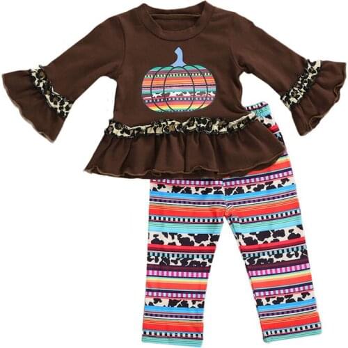 Halloween Costumes 2 Pcs Baby Top Pants Sets Skirt-like Ruffles Long Flare Sleeve Pumpkin Leopard Patchwork Striped Printed Sets