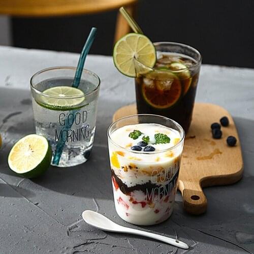 Creative Good Morning Black and White Transparent Glass Coffee Tea Drink Dessert Breakfast Milk Cup Kitchenware Glass Mug