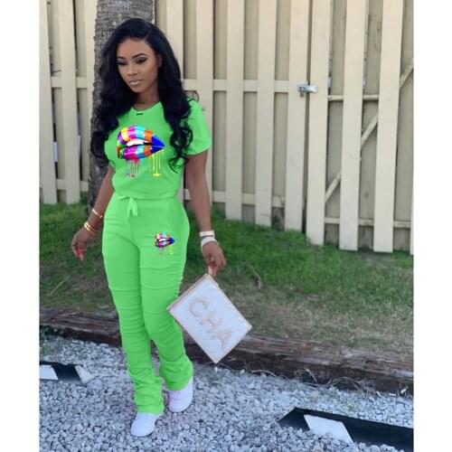 Summer Sports Two Piece Set Women Fashion Lip Printing Tshirt Stacking Trousers Suit Casual Street Two Piece Set Women