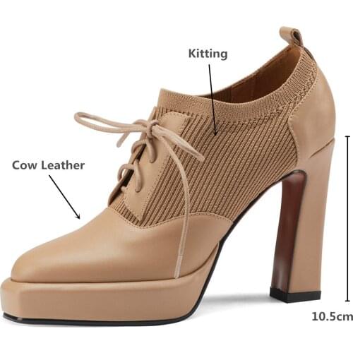 MILI-MIYA New Arrival Women Cow Leather Kitting Pumps Square Toe Super High Thick Heels Solid Color Dress Party Shoes Size 34-40