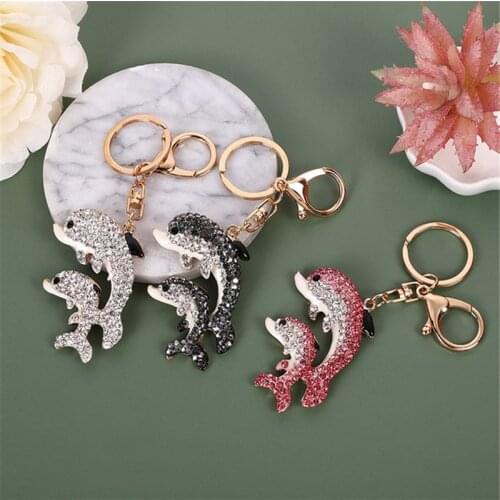 Cute Blue Rhinestone Two Dolphin Crystal Keychain Women Bag Charms Key chain Bags Animal Car Key rings Mom Gift Wholesale