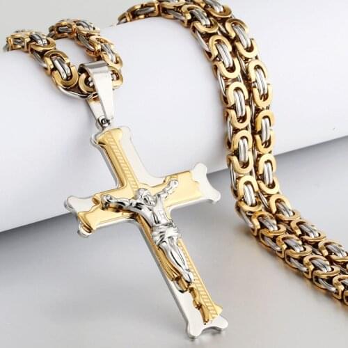 Gold Color Fish Bone Pattern Cross Pendant Necklace Men Stainless Steel Crucifix Jesus Link Chain Necklace Catholic Jewelry Gift
