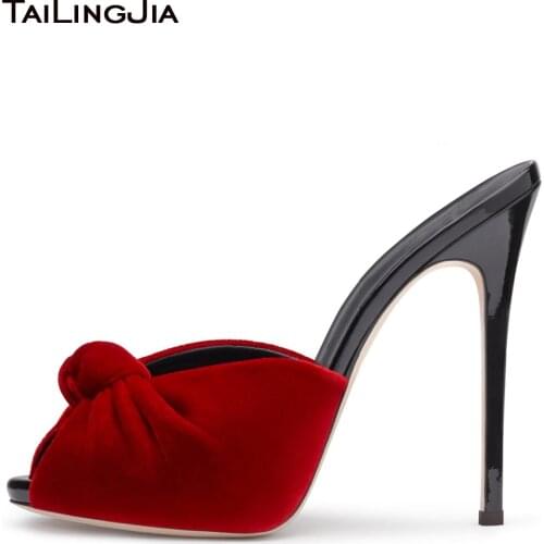 Womens Red Velvet Knot Mules Summer Sandals Party Evening Dress Heels Ladies 2021 Elegant Large Size High Heel Peep Toe Shoes