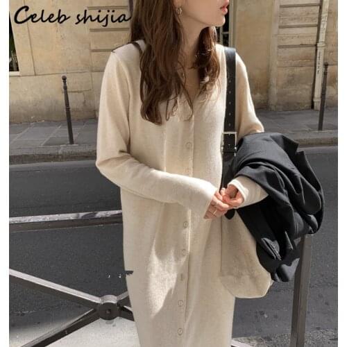 New Elegant Woolen Dress Woman Autumn Single Breasted V-neck Cashmere Long Dress Vestido Female Winter Full-sleeve Korean Knit