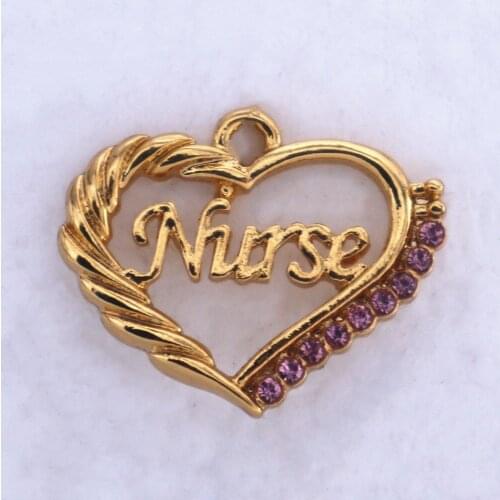 Pink Crystal Golden Nurse Names Heart Charm For bracelet necklaces making DIY Alloy Accessory
