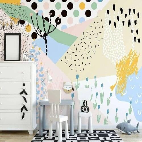 Nordic Cartoon Kids Room Wallpaper 3D Hand-painted Fresh Abstract Plant Art Geometric Home Decor Wall Murals Coverings Papel