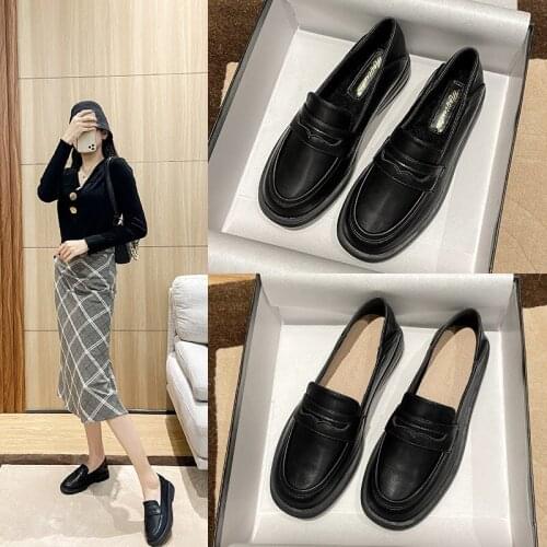 College Girls small leather shoes women 2021 winter plush flats slip on loafers round toe thick heels oxfords plus size 34-44