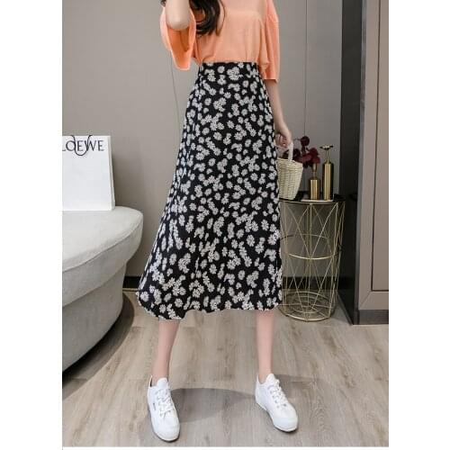 Fashion High Waist Elastic waist Chiffon Skirt Women Flower Print Skirt Womens Summer 2021 Womens Floral Skirt