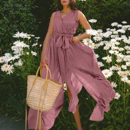 ZANZEA Bohemian Summer Maxi Long Dress Women V Neck Sleeveless High Split Hem Sundress Casual Lace Up Party Beach Vestidos Robe