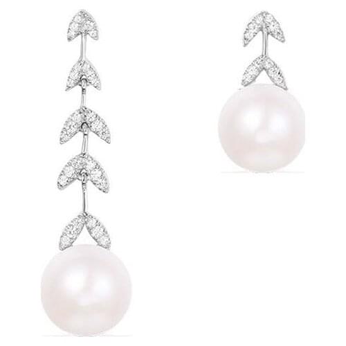 SLJELY Elegant Fine Asymmetric Petal Earrings 925 Sterling Silver Micro Cubic Zirconia Leaves Pearl Earrings Jewelry for Women