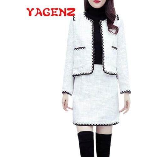 YAGENZ Spring and Autumn Woolen two piece set Long sleeve Short Tops And Skirt Fashion Casual 2 Piece Set Conjunto Feminino 621