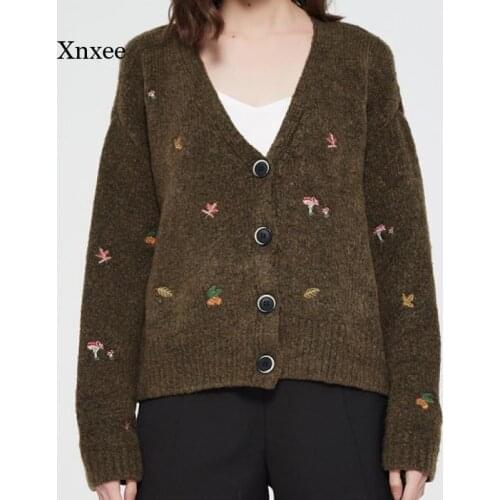 British Vintage Embroidery Knit Cardigan Women with Long Sleeves V-Neck Ribbed Trims Sweater Cardigans Female Elegant Outerwear