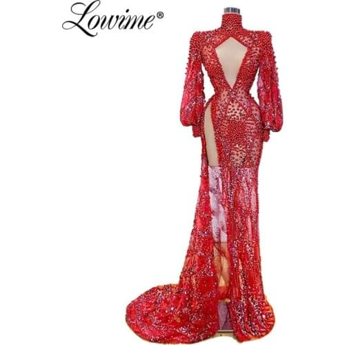 High Split Side Handmade Beaded Dubai Evening Gowns Sexy Party Dress Middle East Arabic Prom Dresses Long 2020 Celebrity Dresses