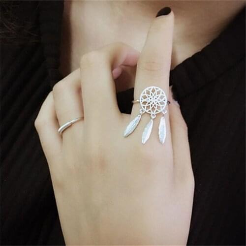 2020 Korean 925 Sterling Silver Adjustable Tassel Feather Statement Couple Ring For Women Wedding Jewelry jz153