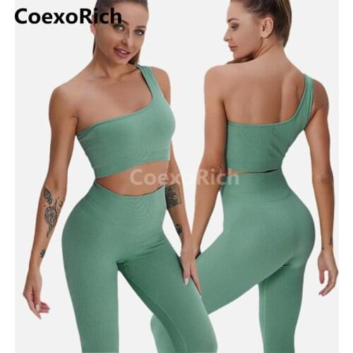 2021 One Shoulder Sports Bra Oufit Women Yoga Sports Fitness Suit Seamless Crop Tank Top Running Gym Leggings Workout Clohes