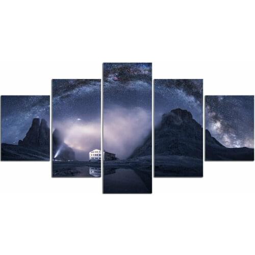 House on Hill Starry Sky 5 Panel Canvas Picture Print Wall Art Canvas Painting Wall Decor for Living Room Poster No Framed