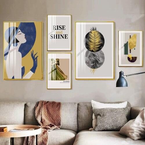 Abstract Girl With Blue Hat Gold Canvas Painting Art Wall Pictures Living Room Fashion Yellow Blue Home Decor Posters And Prints