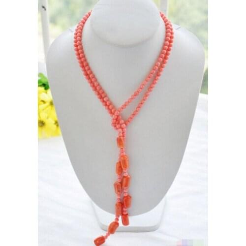 Free shipping real 50" 6mm pink round / cylindrical coral bead necklaceNoble style Natural Fine jewe