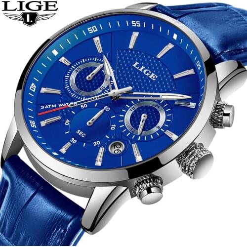LIGE Fashion Mens Watches Top Brand Luxury Blue Quartz Clock Male Casual Leather Waterproof Sport Chronograph Relogio Masculino