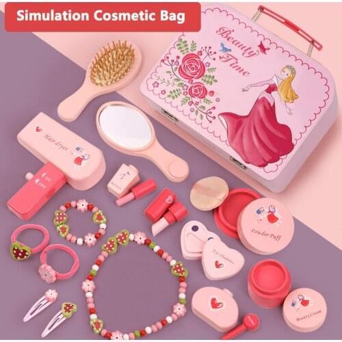Wooden Pretend Play Simulation Cosmetic Makeup Handbag Set Toys For Girls Children Educational Toys Birthday Gift Iron Box Pink