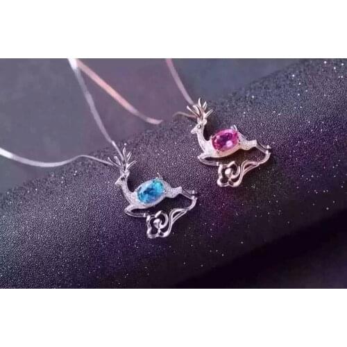 Natural red topaz Elegant lovely Fawn Pendant natural blue topaz gem pendant S925 silver Women girl gift precious jewelery