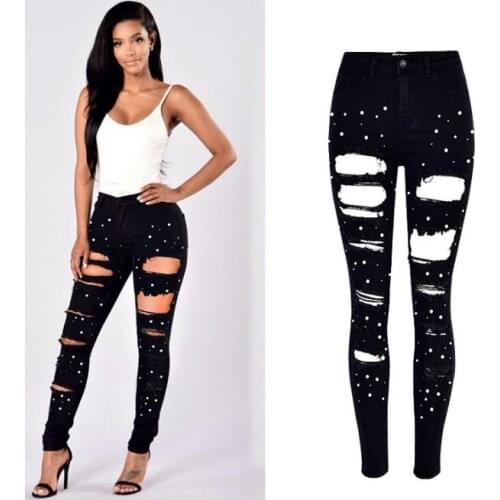 European&American high-waisted pearls beading Stretch ripped jeans Fashion womens streetwear black pencil pants Chic denim pant