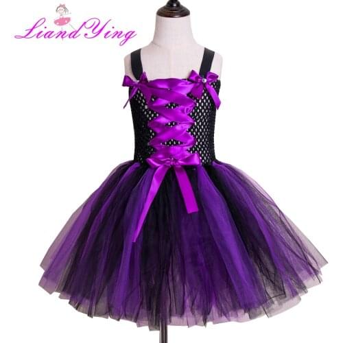 Purple Black Girls Witch Tutu Dress Handmade Tulle Halloween Costume Carnival Cosplay Party Photo Dress