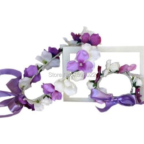 Purple and White Hydrangea Flower Girl Headdress Headband for Wedding Children Toddler Bridesmaid Floral Crown Wristband Set