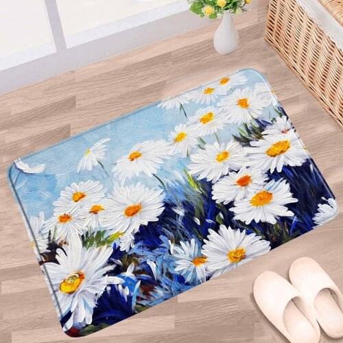 Small Daisy Bath Mat Flower Sunflower Oil Painting Floral Pattern Anti-slip Rug Flannel Bathroom Kitchen Bedroom Entrance Carpet