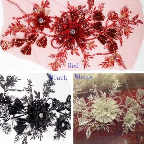 La Belleza White/red/black Handmade 3D flowers 2 PC/lot 17x9 Bige size pearls stones sequins flowers inches in 3 colors