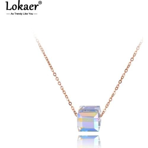 Lokaer Trendy Square CZ Crystals Pendant Necklaces For Women Rose Gold Titanium Stainless Steel Chain Necklace Jewelry N19130