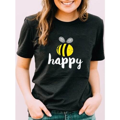 2021 New Style Happy Bee Letters Print Summer Short Sleeve Women T Shirt Fashion Cute Female Streetwear Tops Hipster Tee