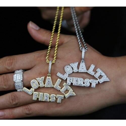 Iced out Full 5A CZ Paved LOYALTY FIRST Letter charm pendant with long rope chain plated hip hop necklace for Men boyfriend gift