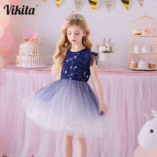 VIKITA Girls Princess Dress Summer Flare Sleeve Star Sequins Vestidos Children Sweet Party Elegant Mesh Dress Kids Clothing
