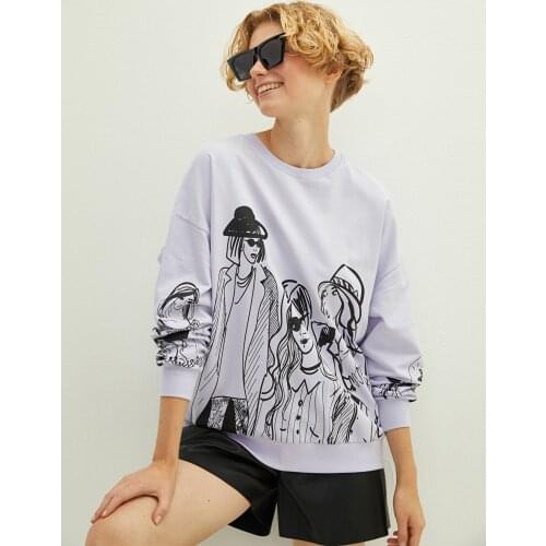 LCW CASUAL Bicycle Collar Printed Long-Sleeved cotton Women Sweatshirts, Trend, cotton, polyester, style, fashion, casual