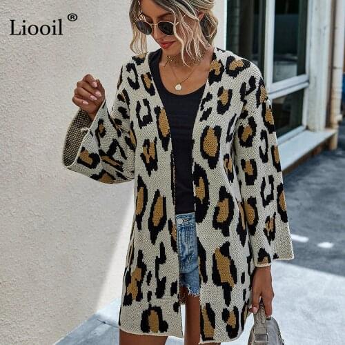 Liooil Casual Knit Leopard Print Long Cardigan Women 2020 Long Sleeve Flare Sleeve Loose Womens Autumn Clothes And Sweaters