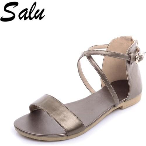 Salu shoes woman 2020 Genuine leather Women Sanda Fashion Women Shoes Platform Buckle Casual Low Heel Black Ladies Sandals