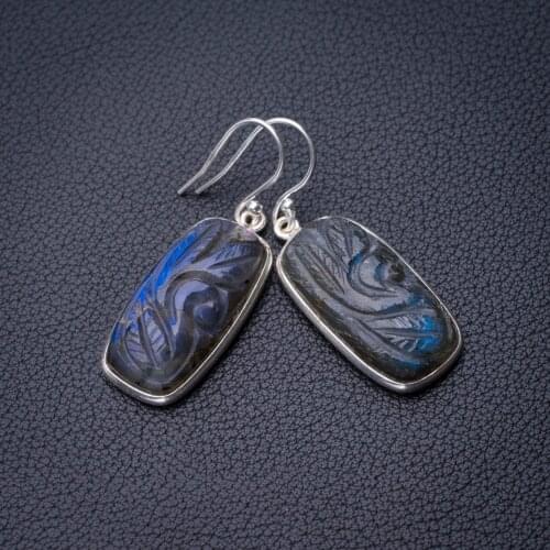 StarGems Natural Carved Blue Fire Labradorite Handmade 925 Sterling Silver Earrings 1.5" D7790