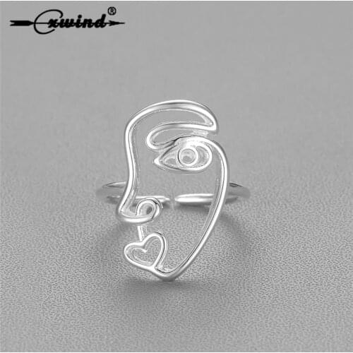 Cxwind Unique Hollow Abstract Face Ring Minimalist Half Face Desing Rings for Women Anillos Mujer Adjustable Couple Ring Jewelry