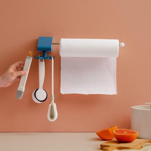 Multi-Purpose Kitchen Paper Holder with Rotated 6 Hooks Sticke Rack Roll Holder for Bathroom Towel Rack Tissue Shelf Organizers